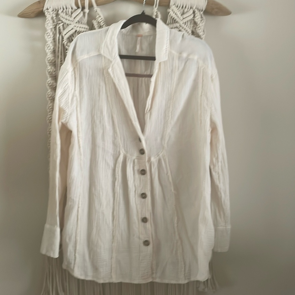 FREE PEOPLE Cream Crinkle Gauze Long Sleeve Tunic Top - Picture 3 of 5